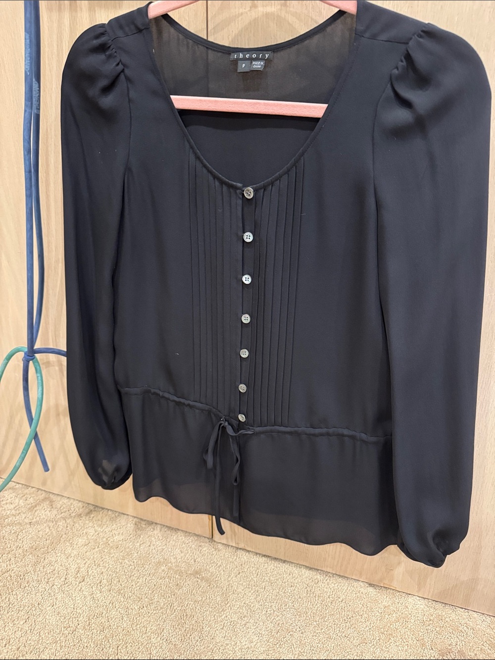 Theory Black Long-Sleeve Pleated Button Blouse